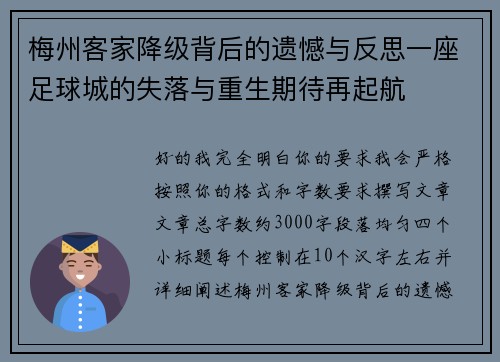 梅州客家降级背后的遗憾与反思一座足球城的失落与重生期待再起航