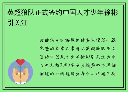 英超狼队正式签约中国天才少年徐彬引关注 英超狼队正式签约中国天才少年徐彬引关注