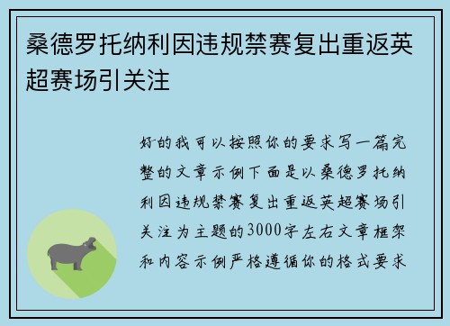 桑德罗托纳利因违规禁赛复出重返英超赛场引关注 桑德罗托纳利因违规禁赛复出重返英超赛场引关注